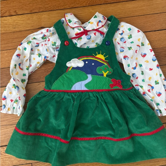 Other - Vintage 80s Green Corduroy Jumper Dress & Printed Blouse Set 3T